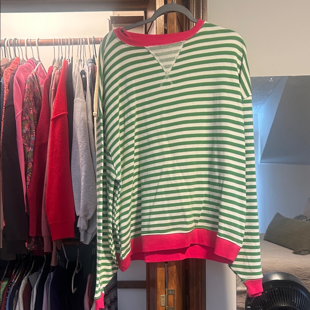 Free People Green and White Striped Sweater with Red Accents